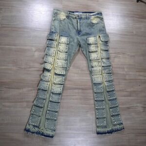 Taker Mens Rhinestone Studded Multi Pocket Cargo Jeans Light Wash Blue 38x34